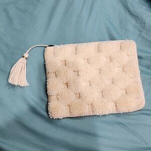 OFF WHITE FABRIC CLUTCH WITH POMPOMS 9.5" x 7.5"